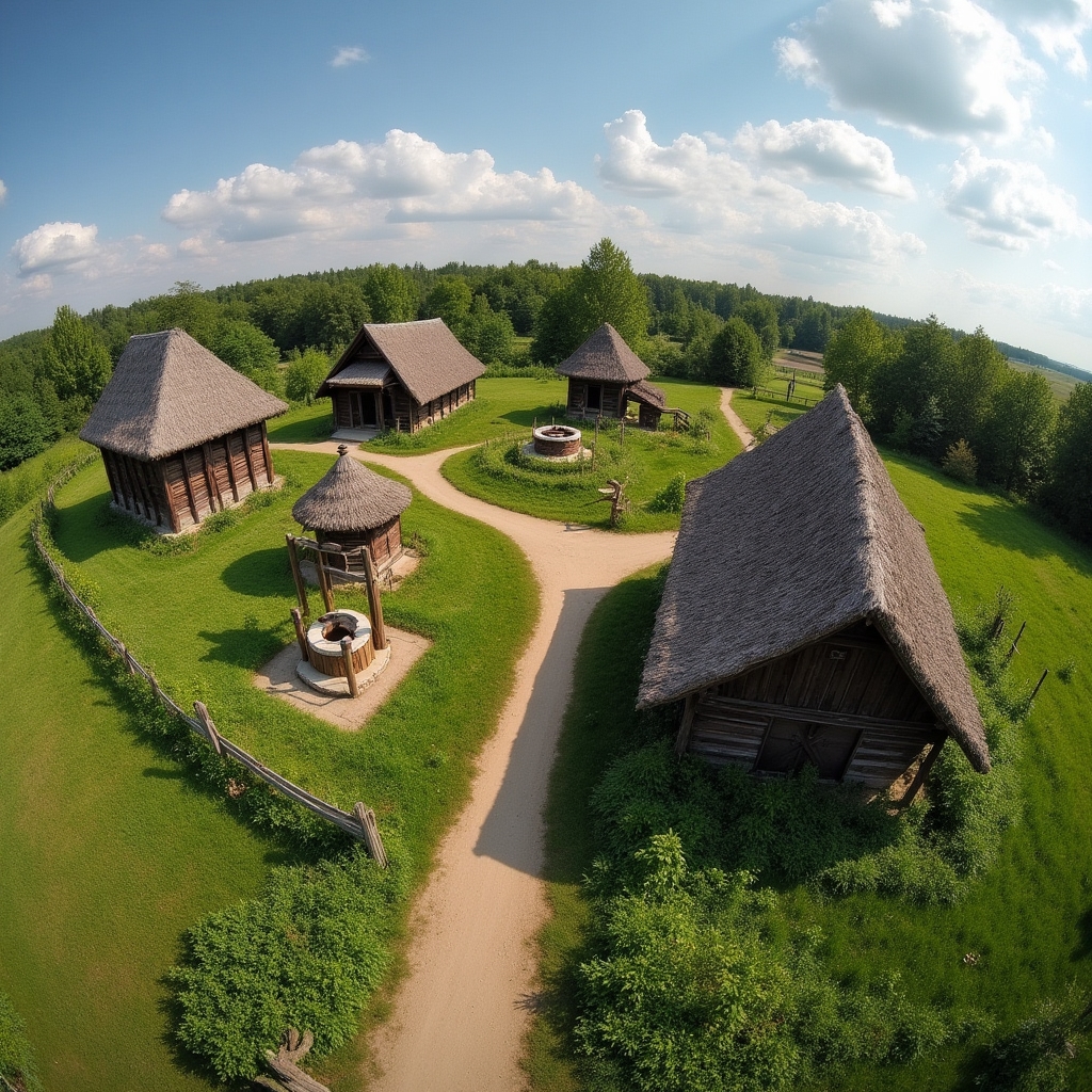 Panorama skansenu z drewnianymi budynkami